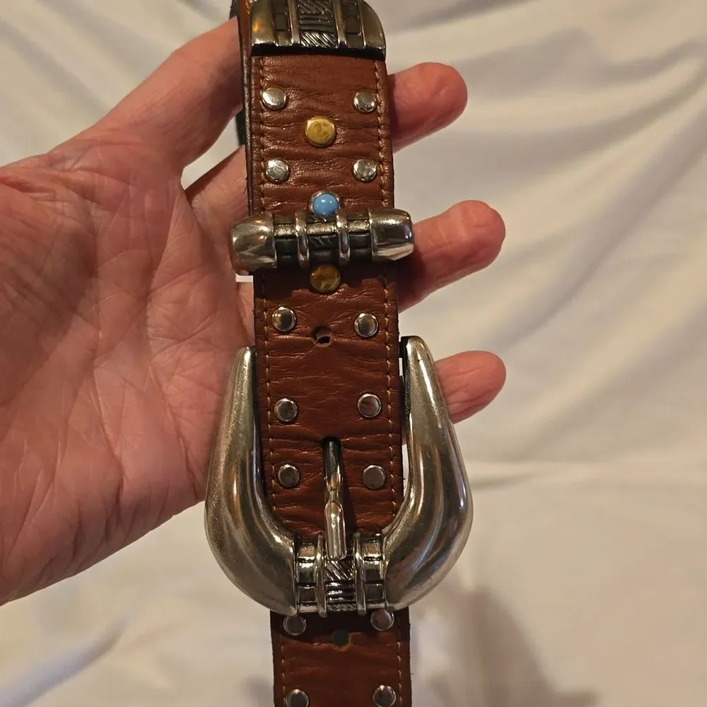 Western Studded Brown Leather Belt with Silver Buckle,34' Inch NWOT!